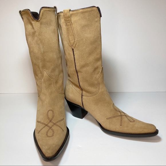 Franco Sarto Shoes - Franco Sarto Genuine Leather Suede Cowboy Boots Light Brown Pointed Toe